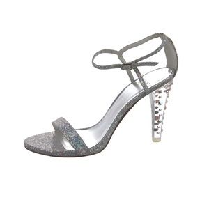 Stuart Weitzman formal heeled sandal, silver glitter, rhinestones, size 8 1/2
